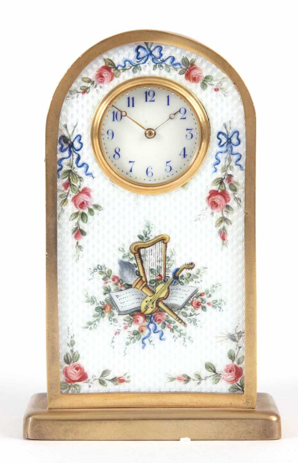 Lot 129 - AN ENAMEL AND GILT MINIATURE MANTLE CLOCK with...