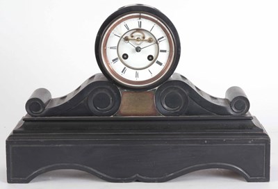 Lot 209 - A 19th CENTURY BLACK SLATE MANTLE CLOCK, with...