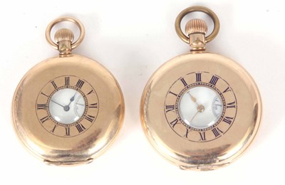 Lot 32 - TWO HALF HUNTER POCKET WATCHES in gold plated...