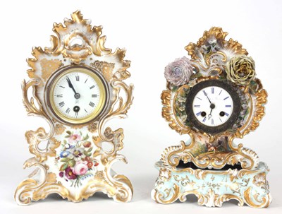 Lot 367 - TWO DRESDEN STYLE PORCELAIN MANTLE CLOCKS, the...