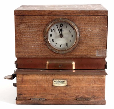 Lot 382 - AN EARLY 20th CENTURY OAK CASED TIME RECORDER/...