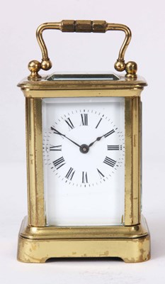 Lot 423 - A FRENCH BRASS CASED MINIATURE CARRIAGE CLOCK...