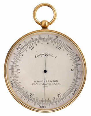 Lot 441 - H. HUGHES & SON, A GILT BRASS POCKET BAROMETER...