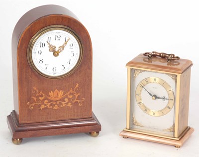 Lot 459 - AN EDWARDIAN MAHOGANY INLAID MANTLE CLOCK,...