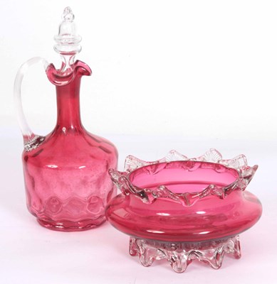 Lot 464 - A CRANBERRY GLASS DECANTER with clear glass...