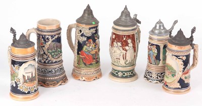 Lot 529 - A SELECTION OF SIX GERMAN POTTERY STEINS three...