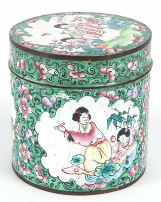 Lot 554 - A CANTON ENAMEL CYLINDRICAL LIDDED POT 8cm high