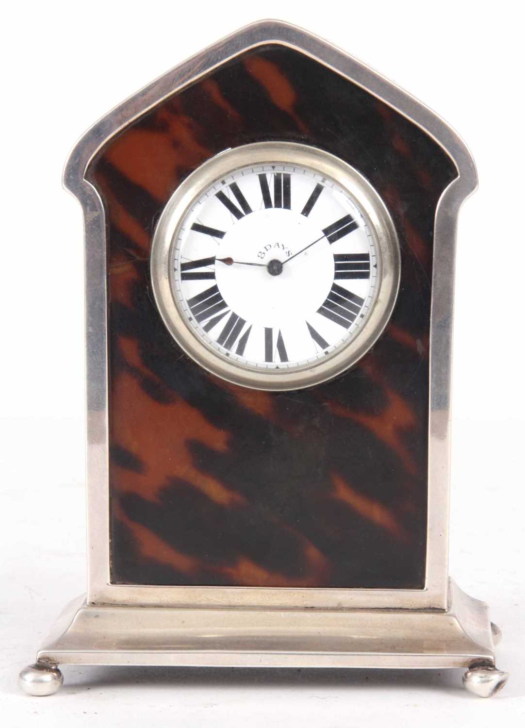 Lot 572 - A SILVER AND TORTOISE SHELL MANTEL CLOCK