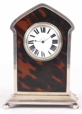 Lot 572 - A SILVER AND TORTOISE SHELL MANTEL CLOCK...