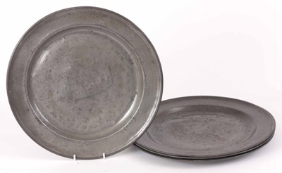 Lot 638 - A SET OF FOUR 18th CENTURY PEWTER CHARGERS...