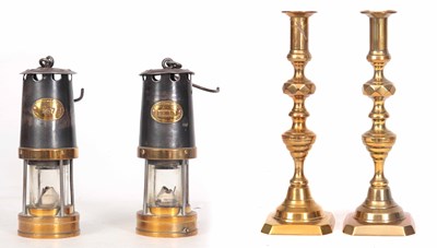 Lot 643 - TWO MINERS LAMPS 25cm high together with a...