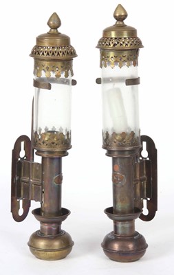 Lot 647 - A PAIR OF BRASS WALL MOUNTED LAMPS with...