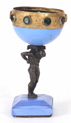 Lot 678 - A 19th CENTURY BRONZE AND GLASS CUP the blue...