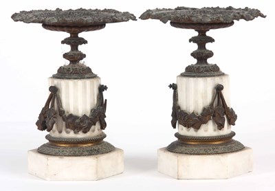 Lot 690 - A PAIR OF TAZZAS, BRONZE MOUNTED WHITE MARBLE,...