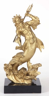 Lot 697 - A GILT BRONZE FIGURE OF NEPTUNE ON A BLACK...