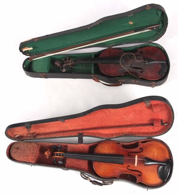 Lot 720 - TWO ANTIQUE VIOLINS and bows, length of back...