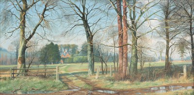 Lot 731 - HG SQUIRES OIL ON CANVAS trees with a red...