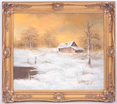 Lot 746 - COLLINS, A SNOW SCENE OIL ON CANVAS - signed...