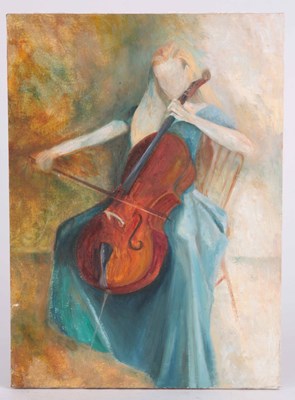 Lot 750 - A 20TH CENTURY OIL ON BOARD A WOMAN PLAYING A...