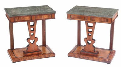 Lot 869 - A PAIR OF WALNUT VENEERED MARBLE TOPPED...