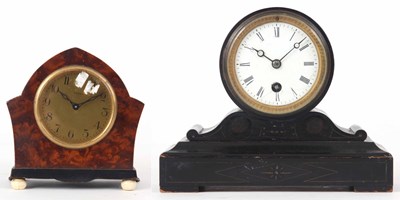 Lot 95 - TWO BLACK CASED MANTLE CLOCKS one with a...