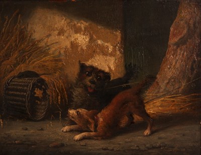 Lot 351 - 19th Century OIL ON MAHOGANY PANEL
 Terriers...