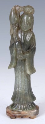 Lot 116 - A 19TH/20TH CENTURY CHINESE CARVED JADE FIGURE...