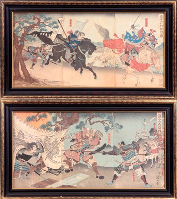 Lot 188 - A PAIR OF JAPANESE COLOURED TRIPTYCH PRINTS...