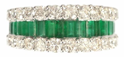 Lot 296 - A LADIES 18CT WHITE GOLD EMERALD AND DIAMOND...