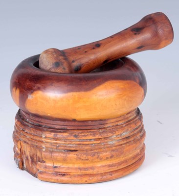 Lot 443 - A 19TH CENTURY YEW-WOOD PESTLE AND MORTAR of...