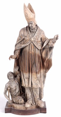 Lot 465 - A 17th CENTURY CARVED WOODEN FIGURE OF A BISHOP