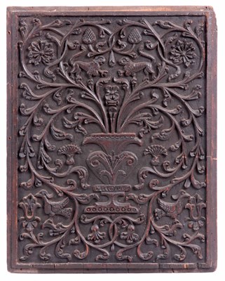 Lot 468 - A 17TH CENTURY CARVED WALNUT PANEL with lions...