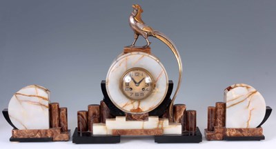 Lot 714 - A FRENCH ART DECO CLOCK GARNITURE the marble,...