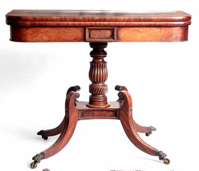 Lot 880 - A REGENCY FIGURED MAHOGANY TEA TABLE with...