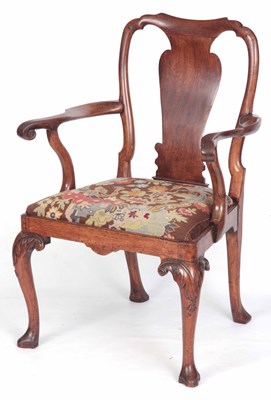 Lot 926 - A GEORGE I WALNUT OPEN ARM CHAIR with solid...