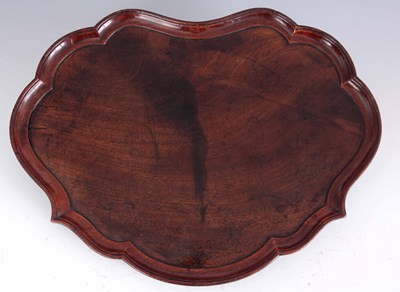 Lot 911 - A GEORGE II MAHOGANY TRAY with scollop shaped...