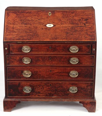 Lot 934 - A MID 18TH BURR ELM BUREAU with hinged angle...