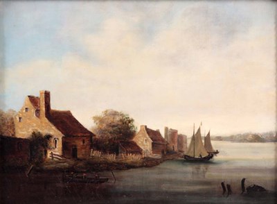 Lot 396 - A 19th CENTURY OIL ON CANVAS. River scene with...