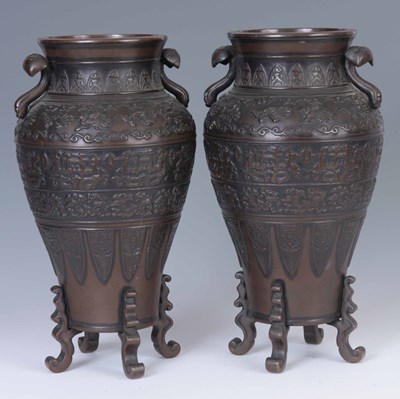 Lot 132 - A PAIR OF MEIJI PERIOD JAPANESE BRONZE VASES...