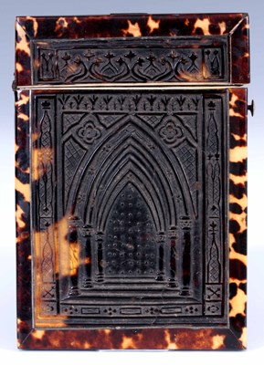 Lot 481 - A 19TH CENTURY GOTHIC TORTOISESHELL CARD CASE...