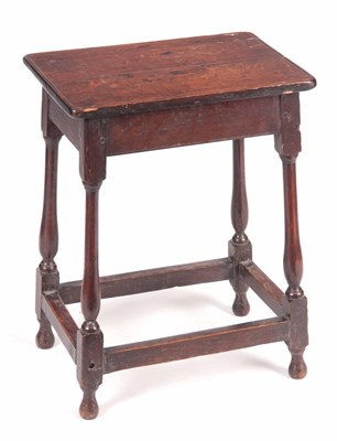 Lot 1029 - A 18TH CENTURY JOINED OAK STOOL with nailed...