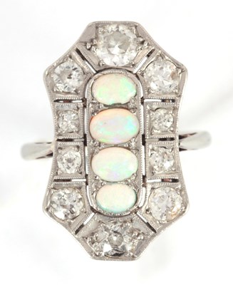 Lot 252 - AN ART DECO PLATINUM OPAL AND DIAMOND SET RING...