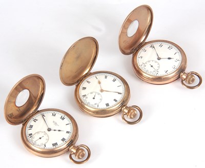 Lot 297 - THREE GOLD PLATED POCKET WATCHES the first...