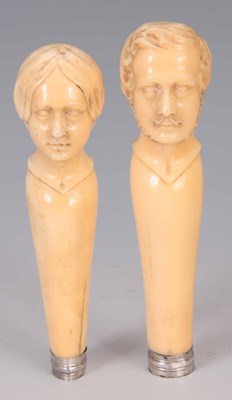 Lot 494 - A PAIR OF 19TH CENTURY IVORY HANDLES CARVED AS...