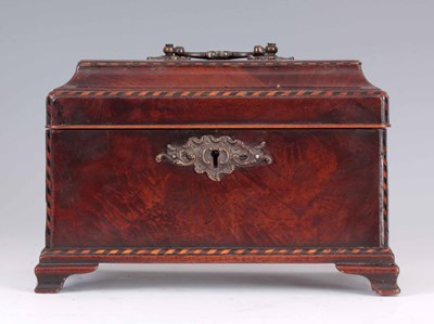 Lot 599 - A GEORGE III FLAME MAHOGANY AND CHEQUER BAND...