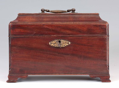 Lot 600 - A GEORGE III MAHOGANY TEA CADDY with swan neck...