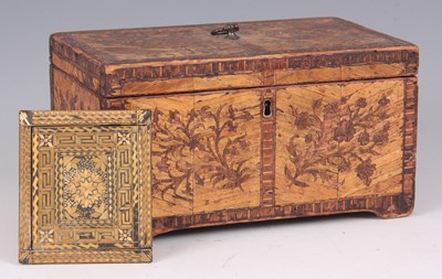 Lot 605 - A GEORGE III STRAW WORK TEA CADDY the stained...