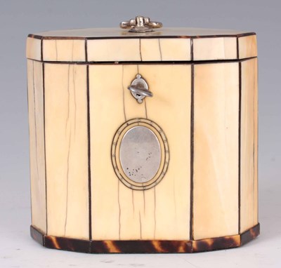 Lot 614 - A GEORGE III IVORY AND TORTOISESHELL TEA CADDY...