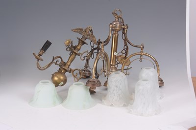 Lot 641 - TWO BRASS LIGHT FITTINGS with shades