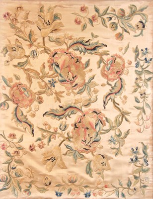 Lot 711 - A 19TH CENTURY SILK EMBROIDERED PANEL...